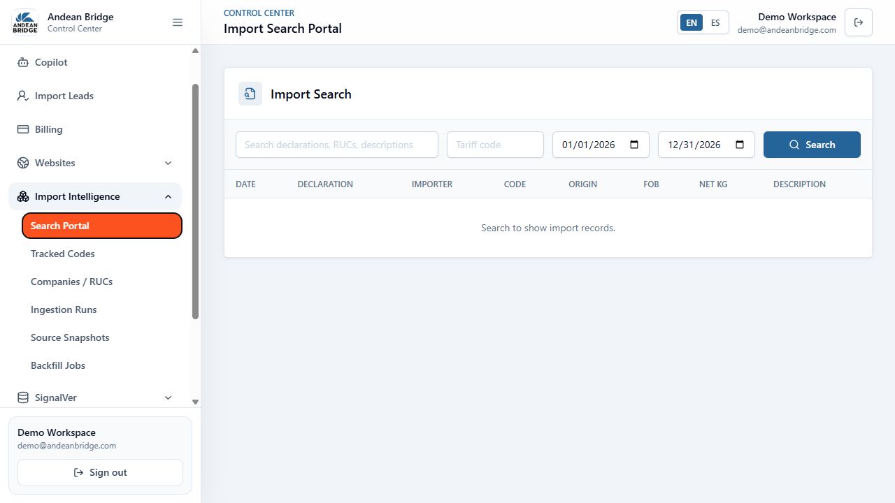 Andean Bridge Control Center demo import search workspace with filters and results table