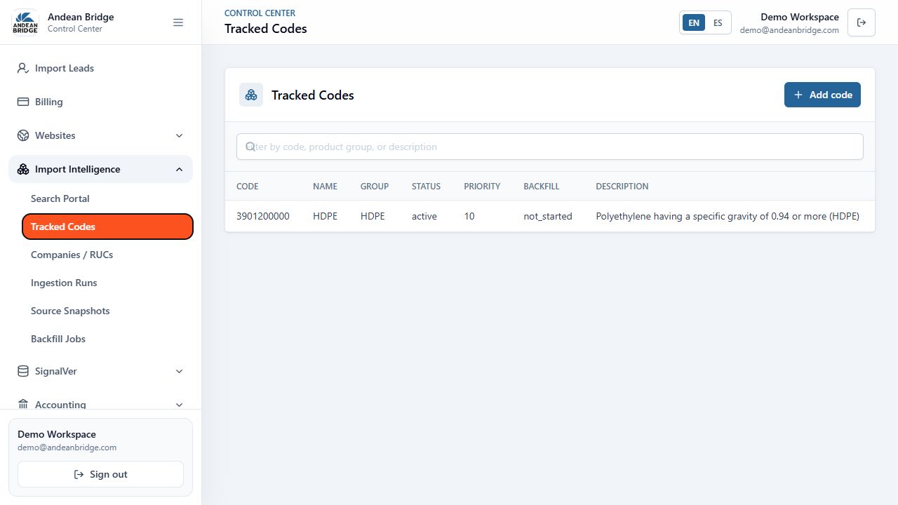 Andean Bridge Control Center demo tracked tariff codes table