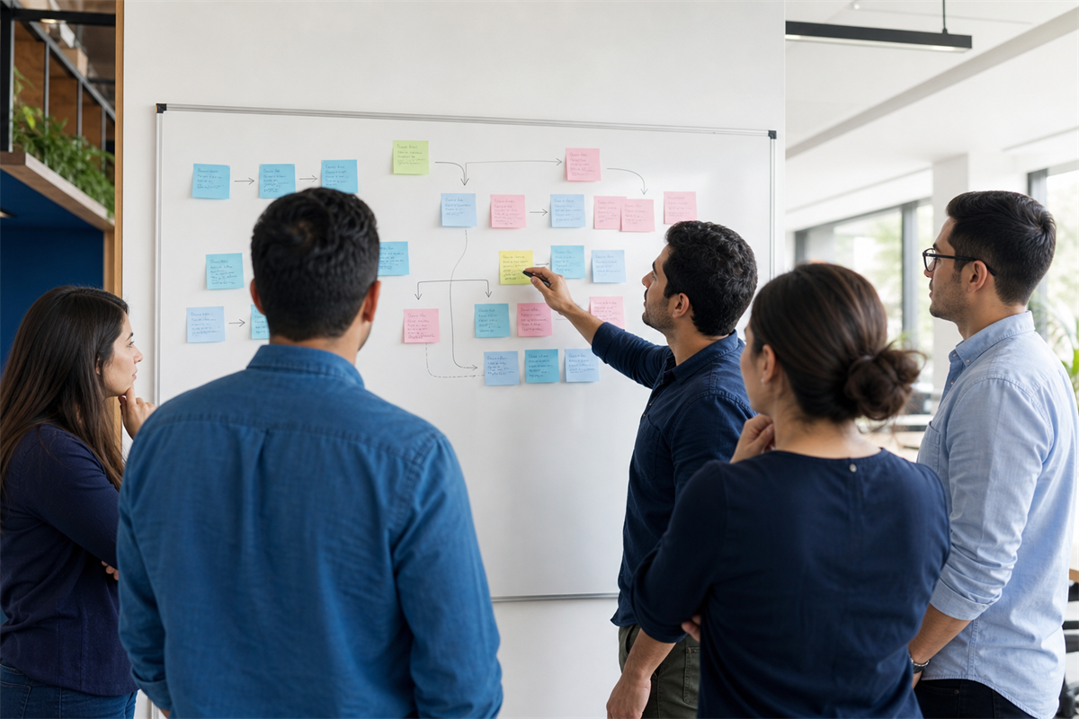 Equipo definiendo un proceso frente a un tablero de trabajo