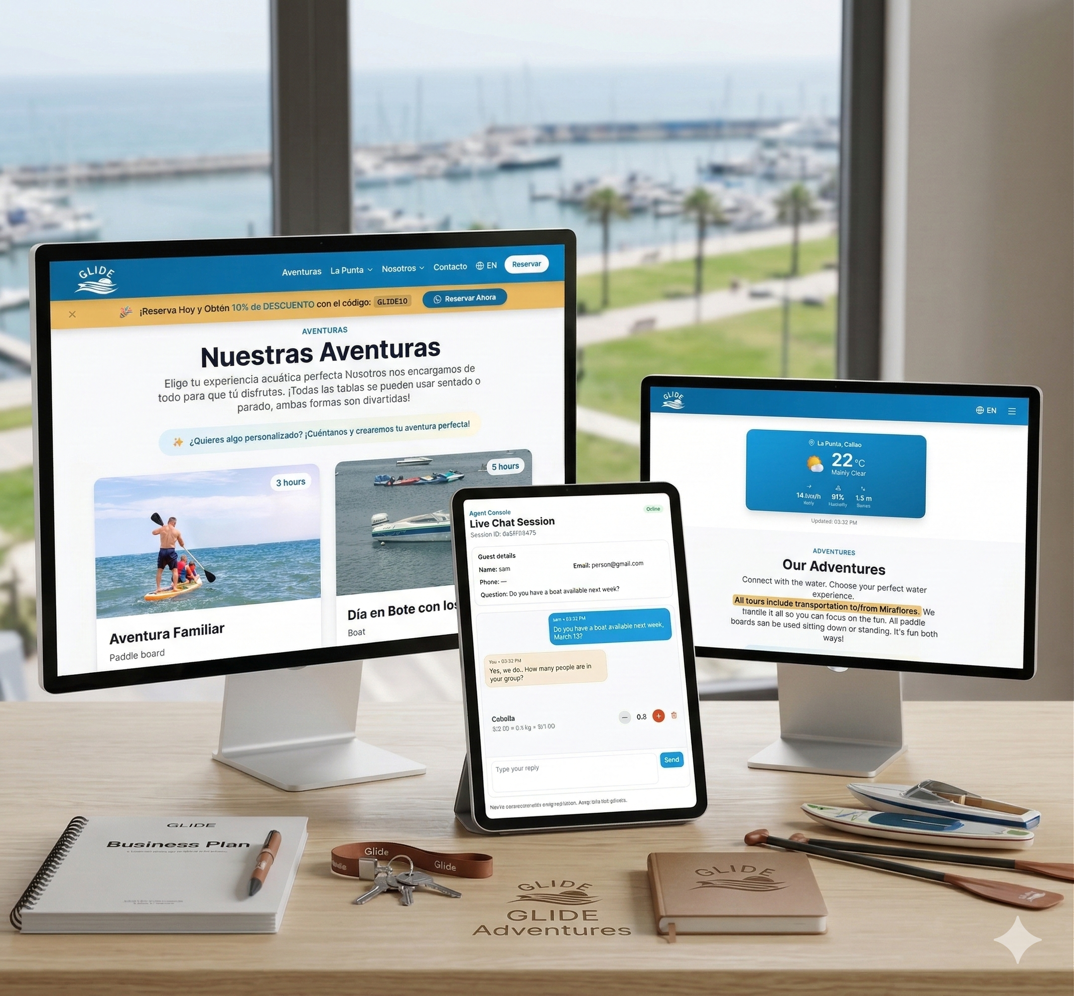 Glide water tour booking website and multilingual team chat interface