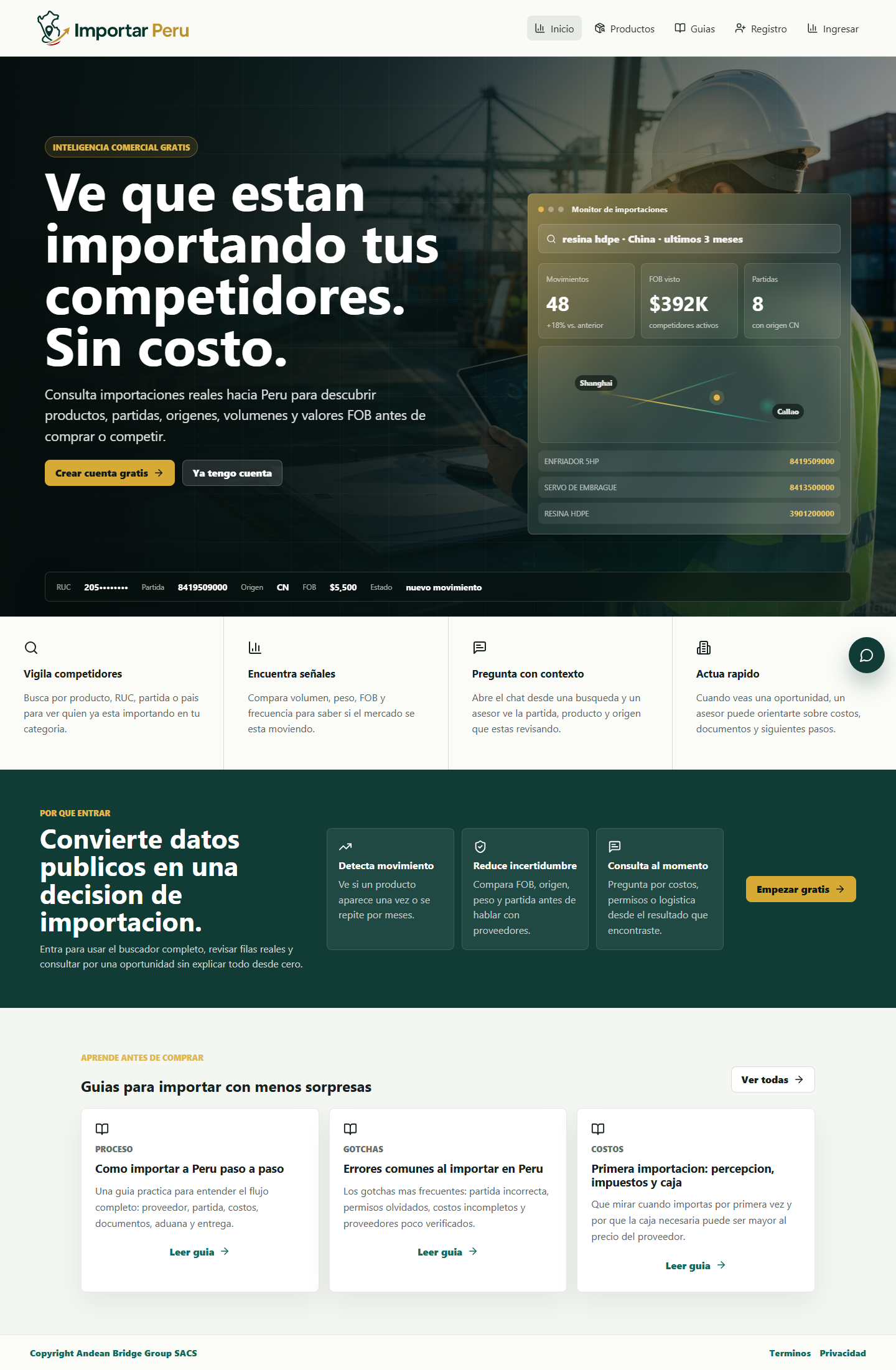 Pagina completa de Importar Peru con secciones de senales de mercado y guias de importacion