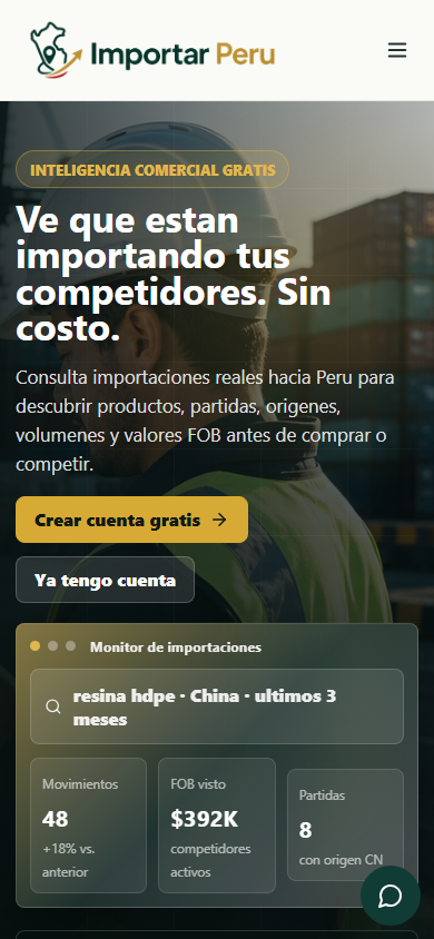 Pagina movil de Importar Peru con monitor de importaciones y guias
