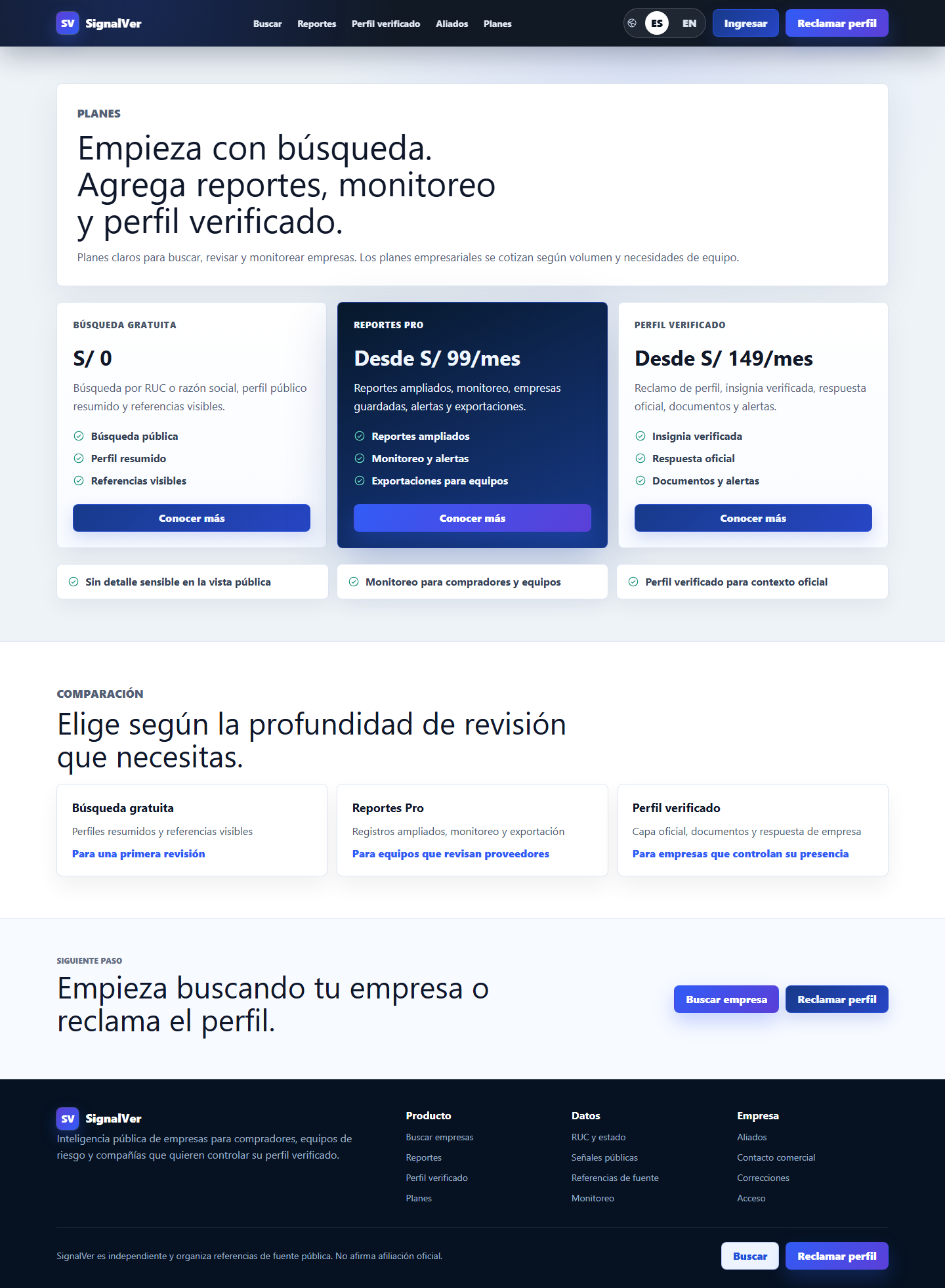 Página de precios de SignalVer con planes Gratuito, Pro y Enterprise