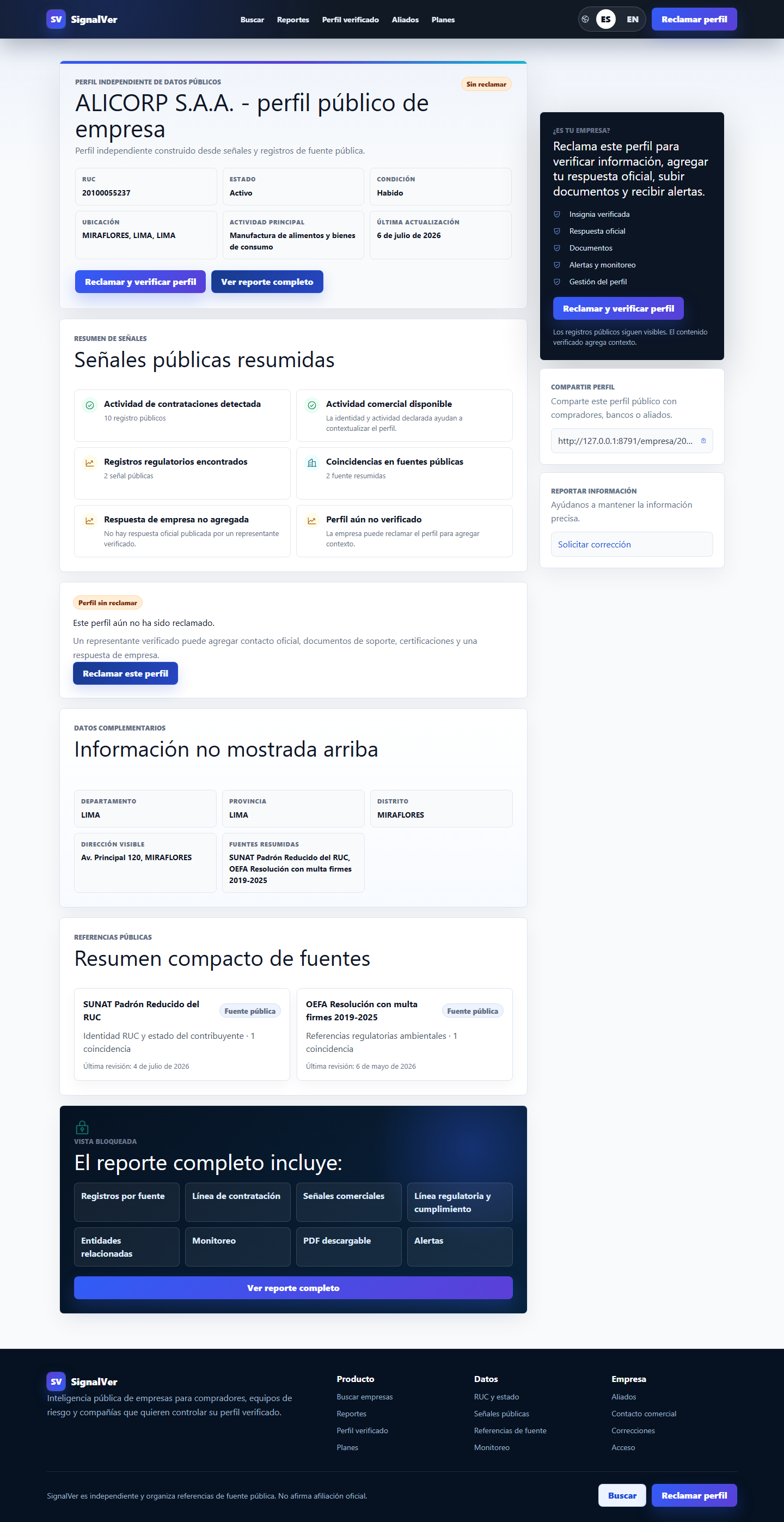 Perfil de inteligencia empresarial por RUC en SignalVer
