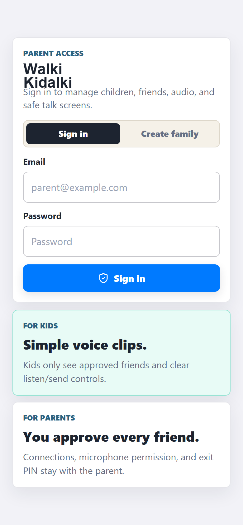 Pantalla sin sesion de Walki Kidalki con ingreso y registro para padres
