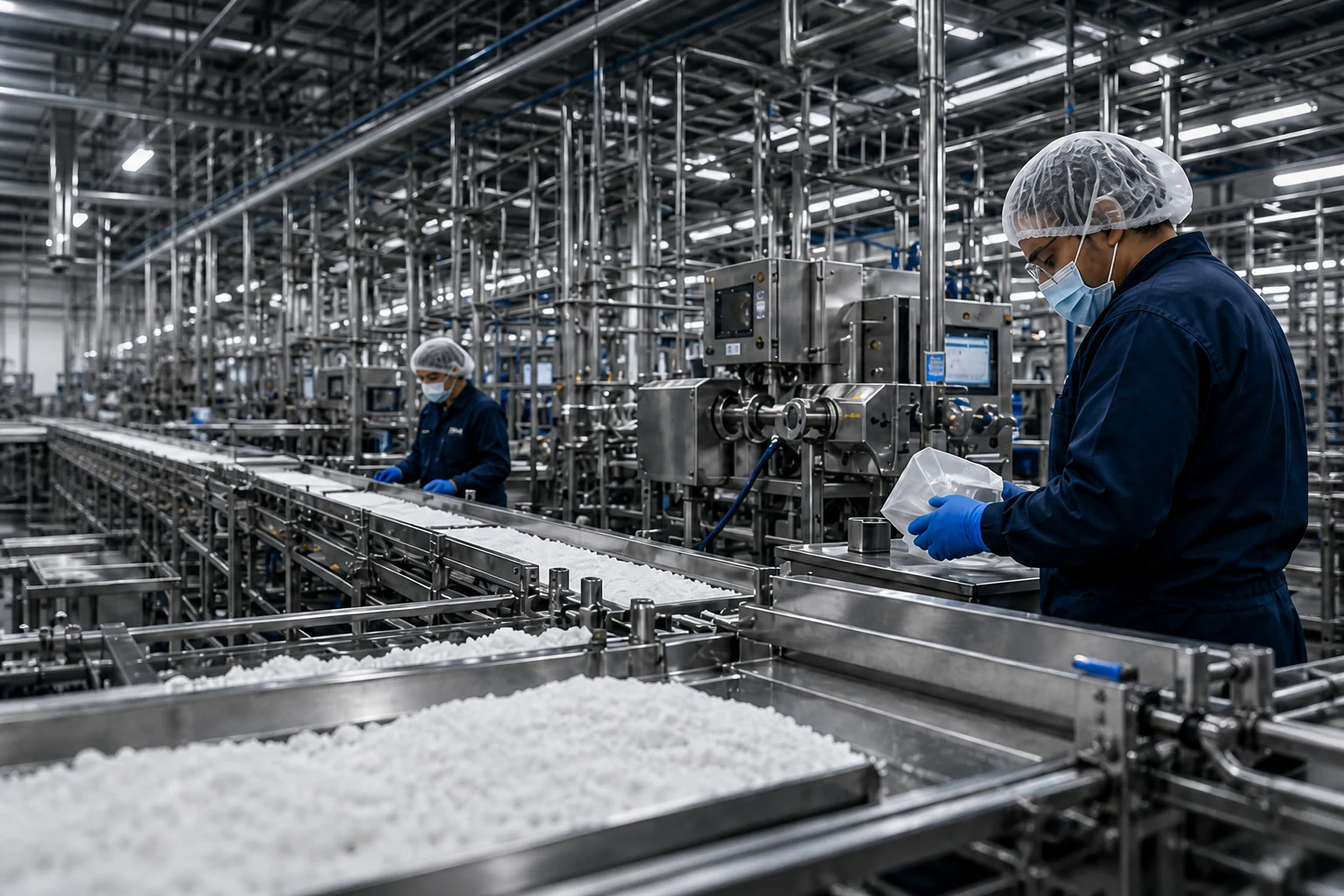 Technicians operating an active manufacturing line