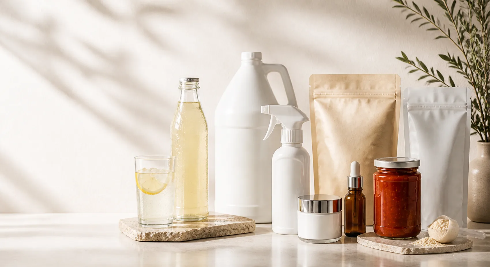 Unbranded beverage, cleaning, cosmetic, food and packaging products